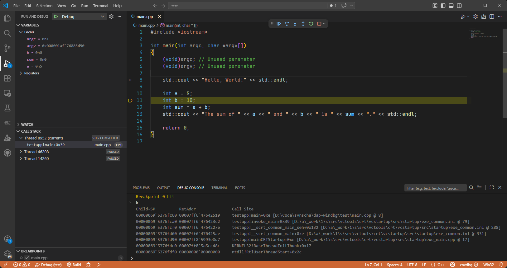 WinDbg running through the VS Code debugger adapter