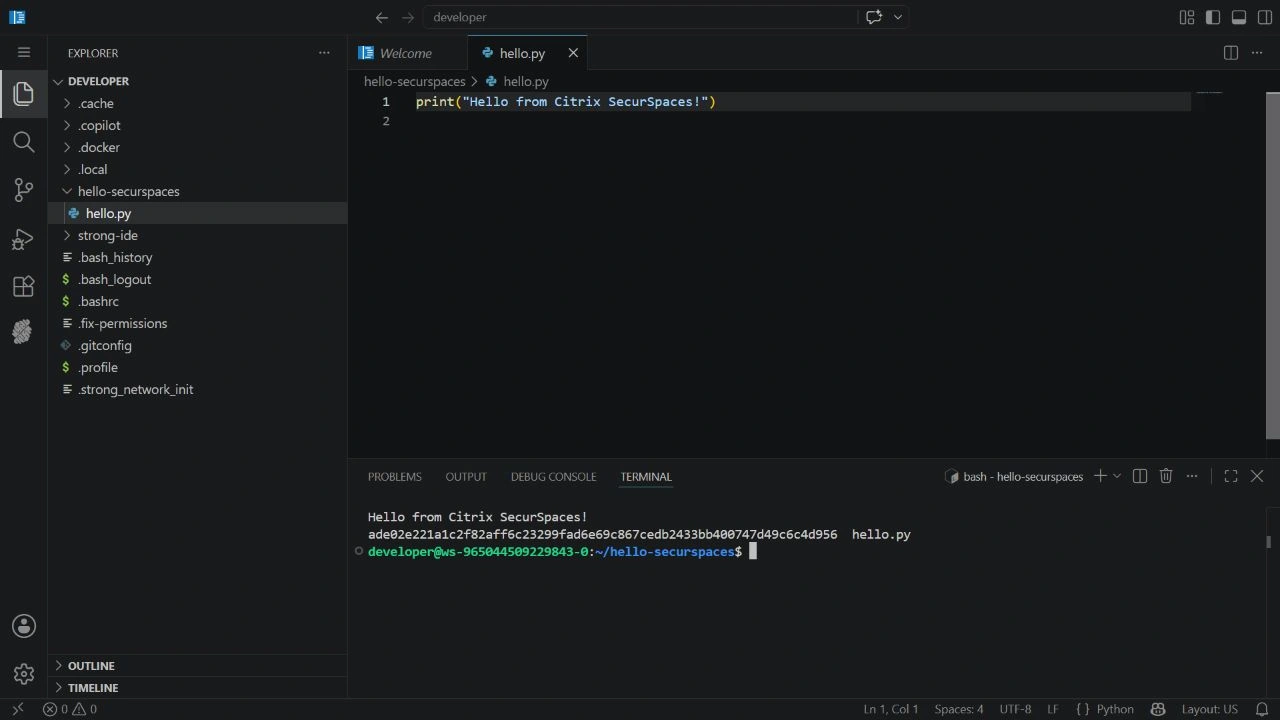 Strong IDE in dark mode with hello.py open and Hello from Citrix SecurSpaces printed in its terminal