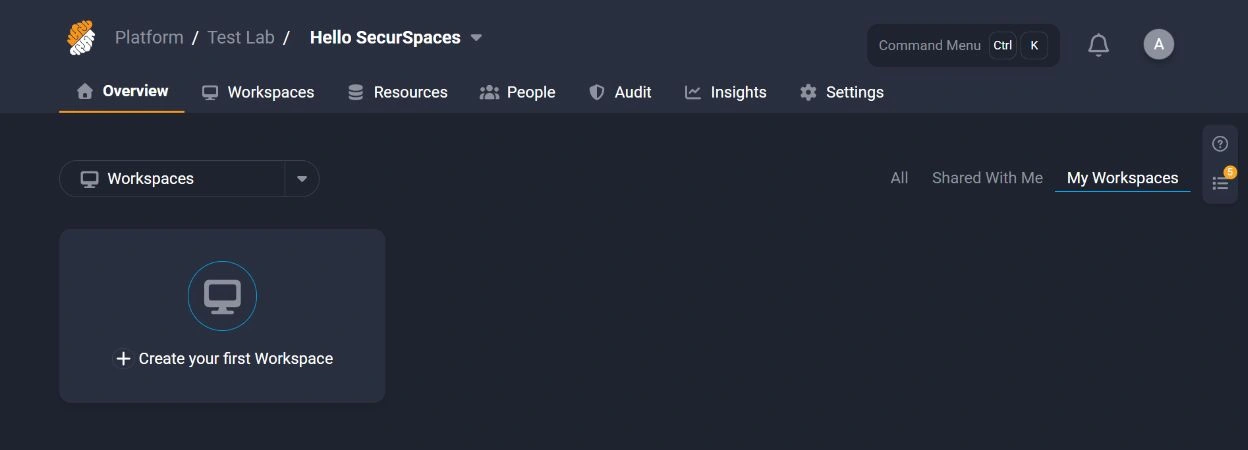 Dark project overview with Test Lab and Hello SecurSpaces in the breadcrumb