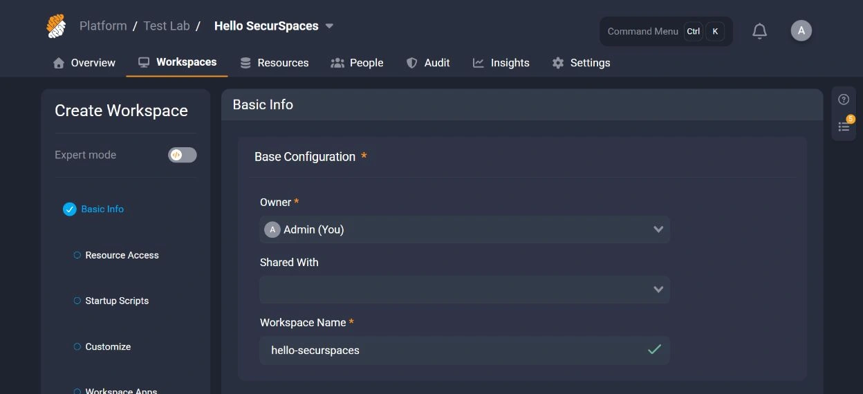 Dark workspace creation form with hello-securspaces as the name and Admin as the owner