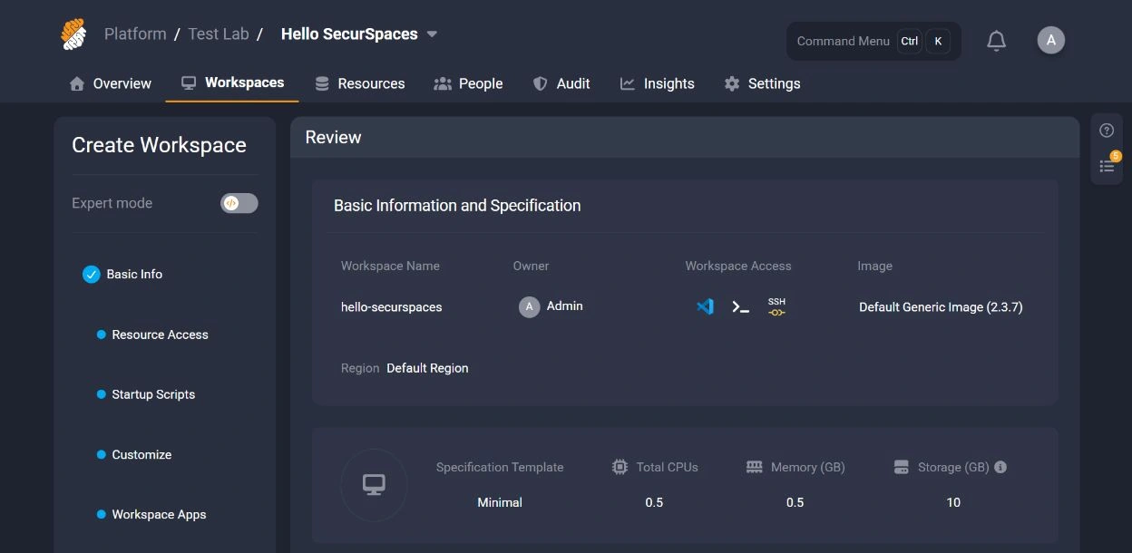 Dark workspace review showing the generic image, Admin owner and Minimal resource profile