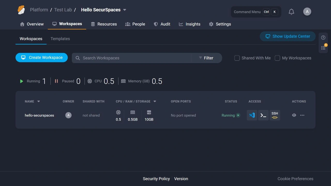 hello-securspaces shown Running with 0.5 CPU, 0.5 GB memory and 10 GB storage